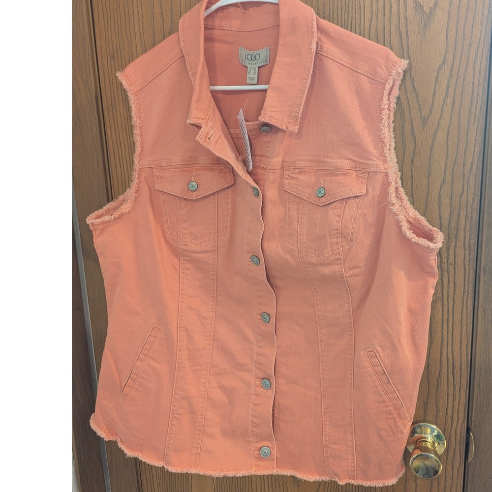 NWT LOGO by Lori Goldstein Peach Coral Denim Vest Button Raw Hem Pockets 20W